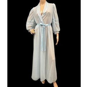 Vintage 60's MISS ELAINE Sheer Maxi Chiffon Baby Blue Robe Ribbon Tie Sz M